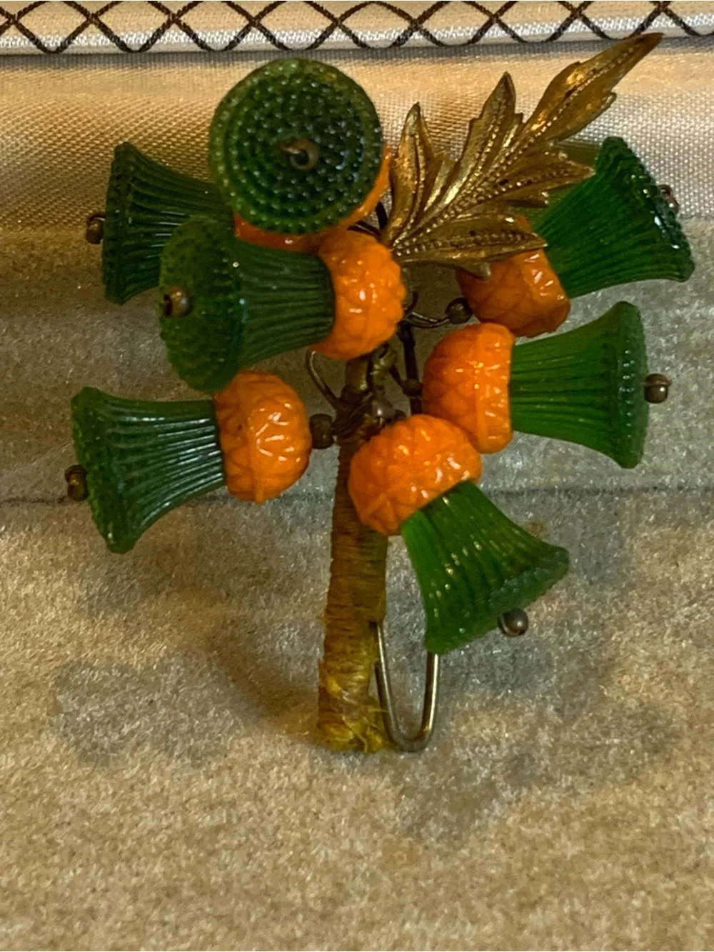 Vintage Czech Glass Flower Bouquet Brooch Orange Green Silk Wrapped Stem